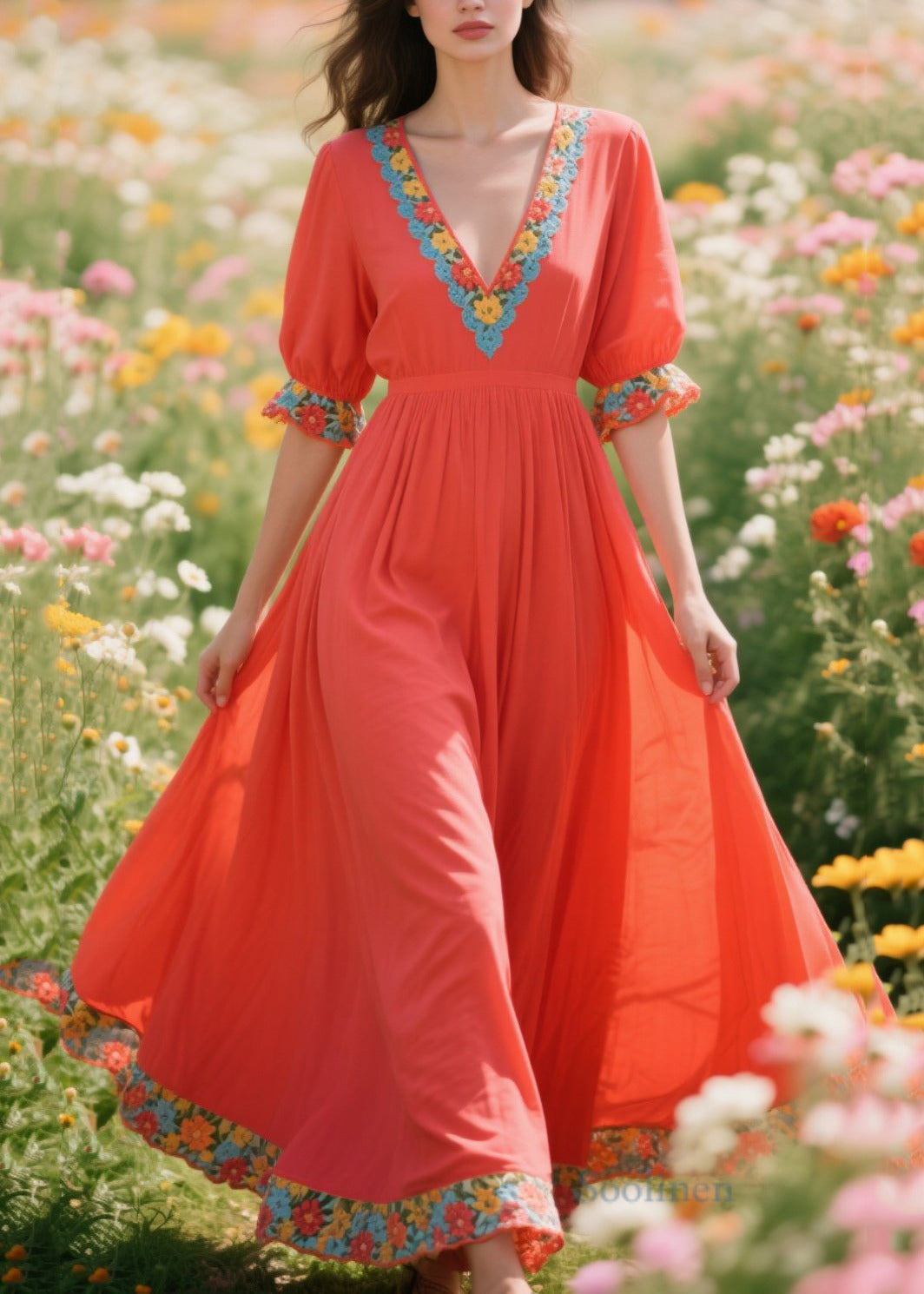 DIY Orange Exra Large Hem Patchwork Flower Cotton Vacation Dresses Summer