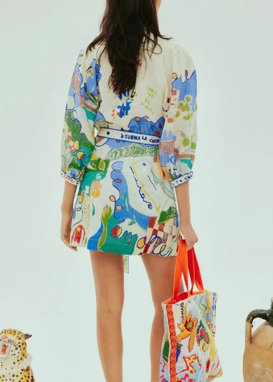 DIY Peter Pan Collar Print Cotton Shirts Dress Summer