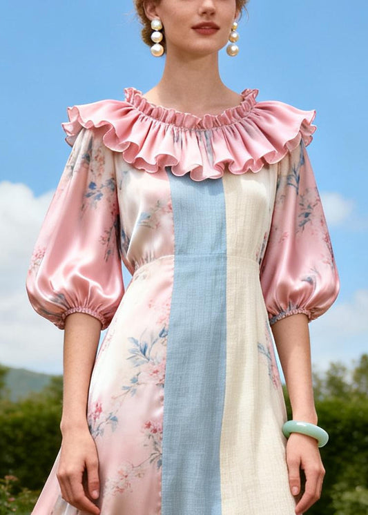 DIY Pink Ruffled Patchwork Linen Silk Vacation Dresses Summer