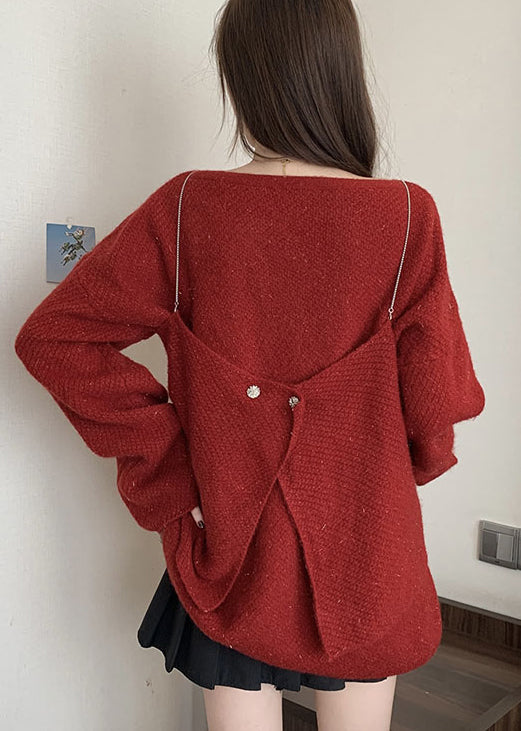 DIY Red Oversized Bow Knit Sweaters Two Piece Set Fall