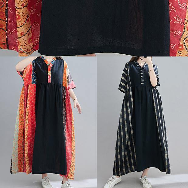 DIY Red Print Tunic V Neck Patchwork Spring Dresses - SooLinen