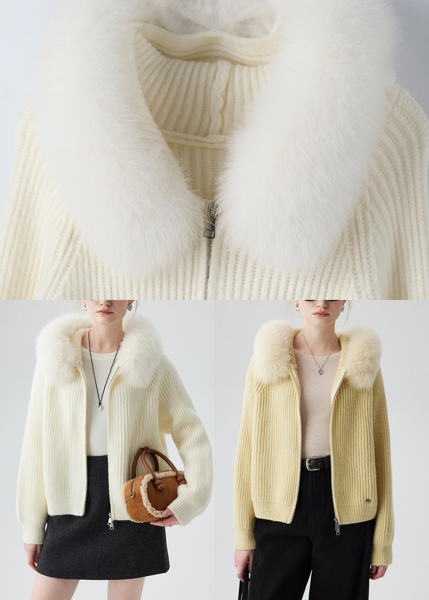 DIY White Hooded Patchwork Fox Fur Knit Cardigans Winter