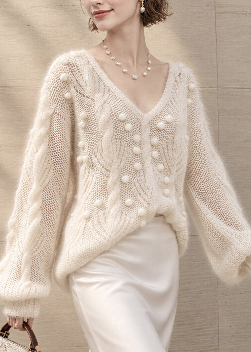 DIY White V Neck Patchwork Fuzzy Ball Decorated Cotton Knit Sweater Tops Fall