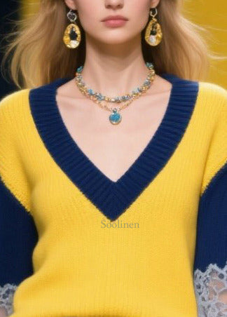 DIY Yellow V Neck Patchwork Lace Knitted Tops Fall