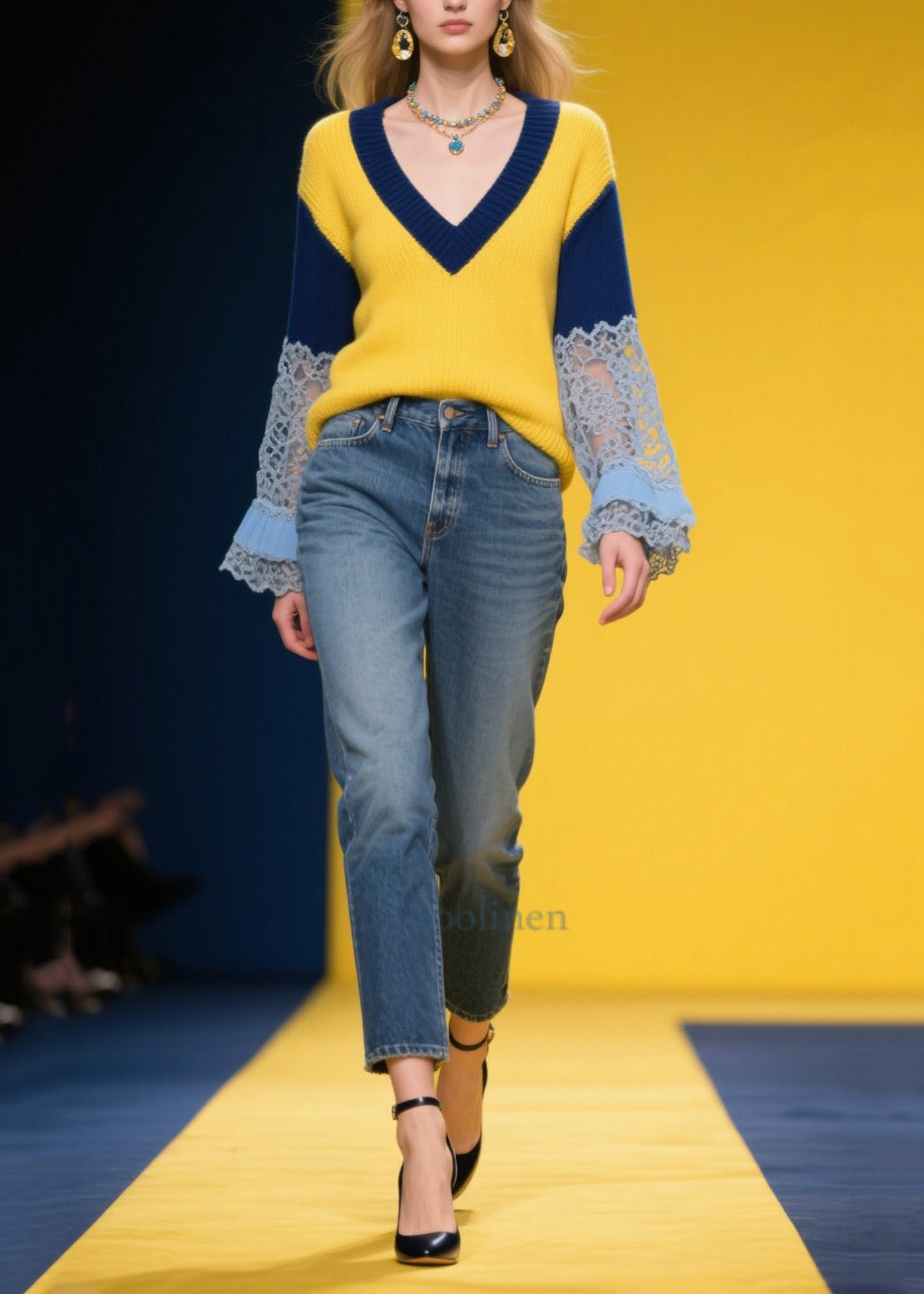 DIY Yellow V Neck Patchwork Lace Knitted Tops Fall