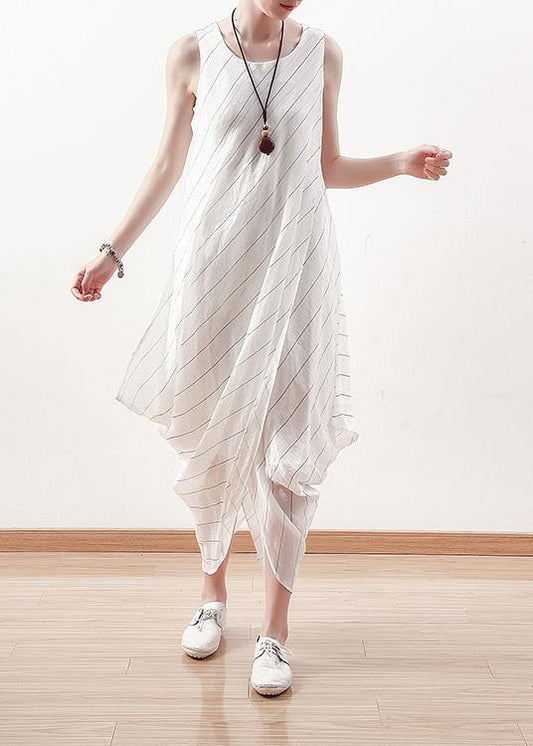 DIY asymmetric linen dresses Work white striped Dress summer - SooLinen