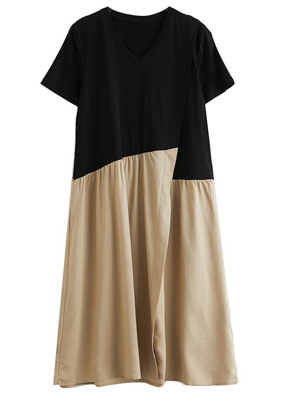 DIY black patchwork khaki Cotton clothes For Women o neck A Line Dresses - SooLinen