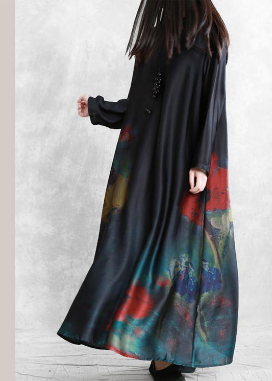 DIY black print Robes stand collar Chinese Button Dress - SooLinen