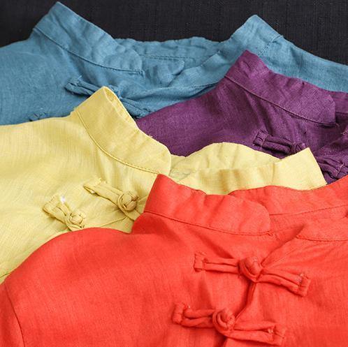 DIY blue linen Robes stand collar asymmetric Robe Dress - SooLinen