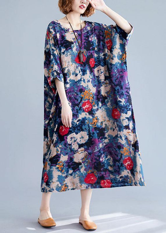 DIY blue prints linen Long Shirts o neck Love summer Dresses - SooLinen