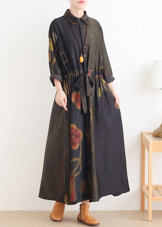 DIY green print dresses lapel drawstring Art Dress - SooLinen