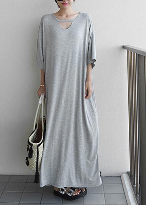 DIY o neck baggy cotton quilting clothes Outfits gray long Dresses - SooLinen