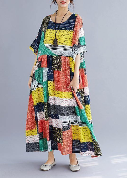 DIY o neck cotton quilting clothes Tutorials orange patchwork color long Dress summer - SooLinen