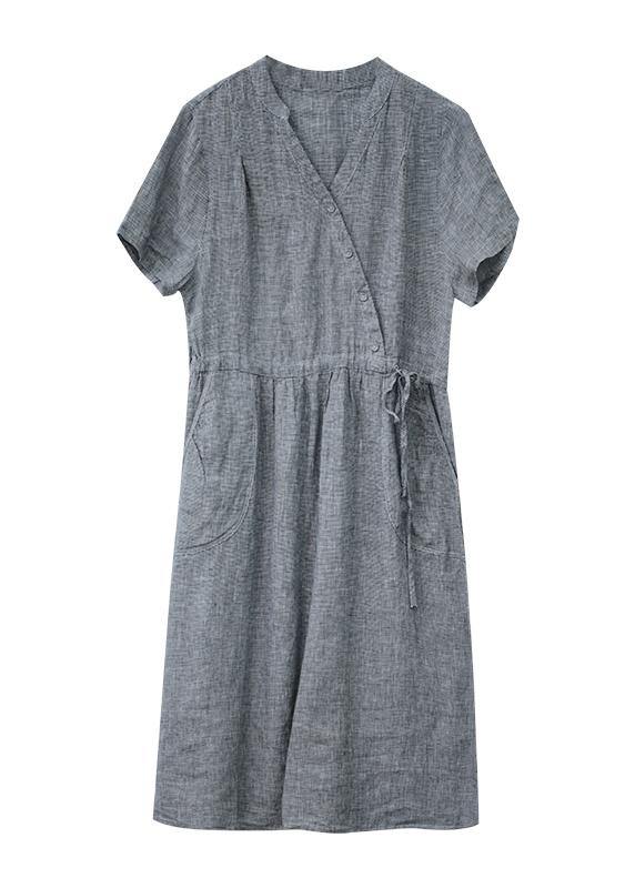 DIY o neck drawstring linen summer Wardrobes Sewing brown Dress - SooLinen