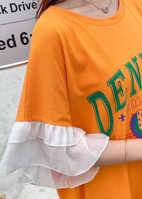 DIY patchwork cotton summerclothes For Women Tunic Tops yellow alphabet prints long Dress - SooLinen