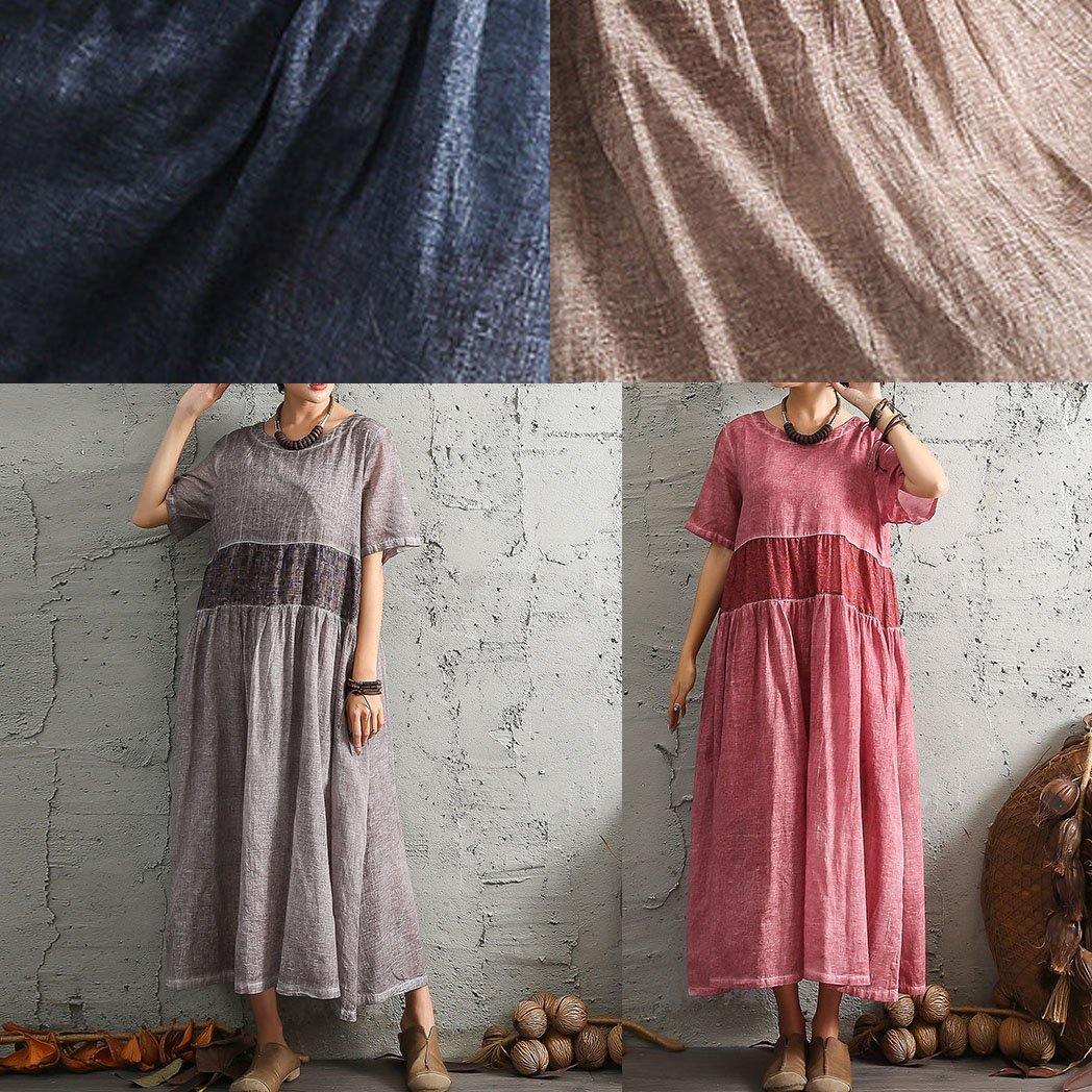 DIY patchwork linen outfit Photography orange o neck Dress summer - SooLinen