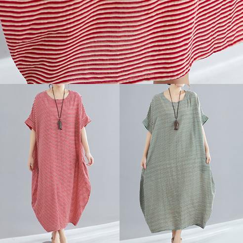 DIY red striped cotton tunics for women Plus Size Tutorials o neck A Line Summer Dresses - SooLinen