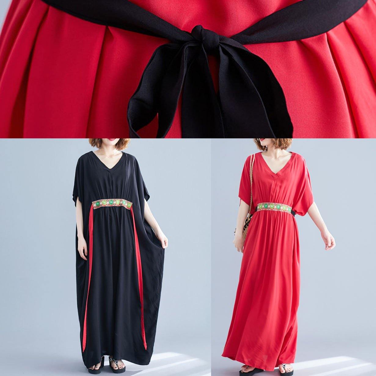 DIY tie waist cotton tunic dressNeckline black v neck Maxi Dresses summer - SooLinen