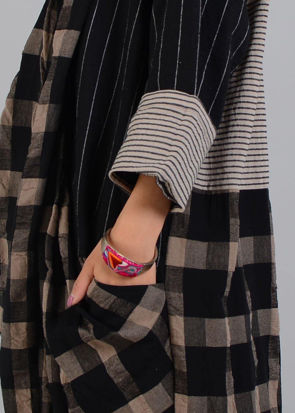 DIY v neck patchwork linen clothes black plaid Dress fall - SooLinen