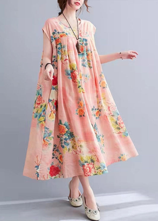 DIY Pink Print Cinched Summer Long Dress