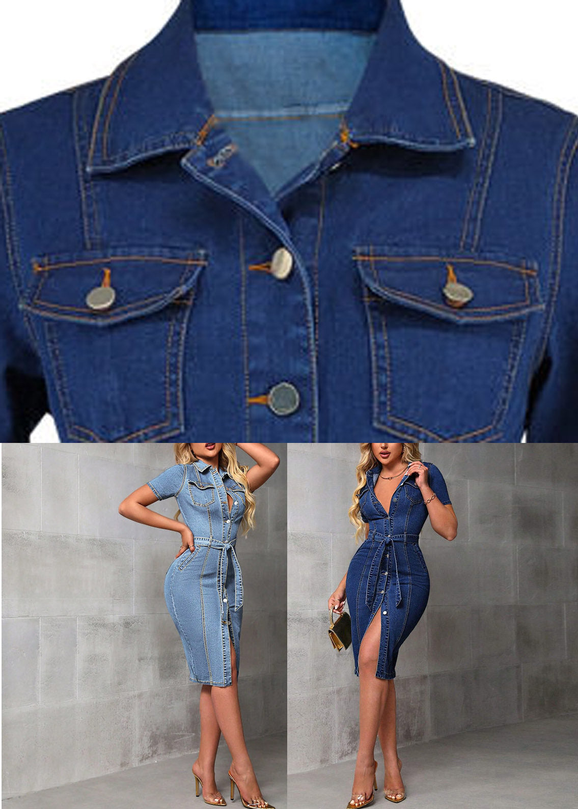 Dark Blue Patchwork Tie Waist Denim Long Dress Short Sleeve