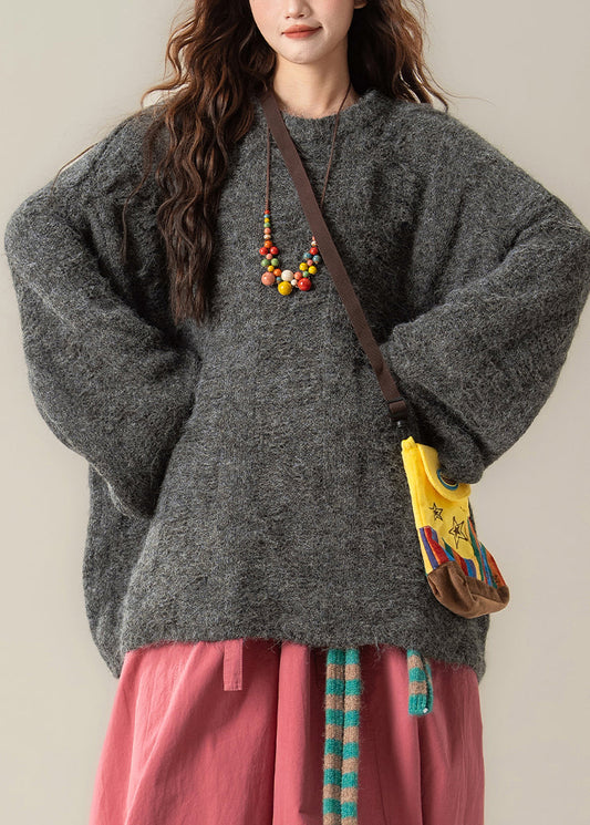 Dark Gray Solid Knit Pullover Sweater O Neck