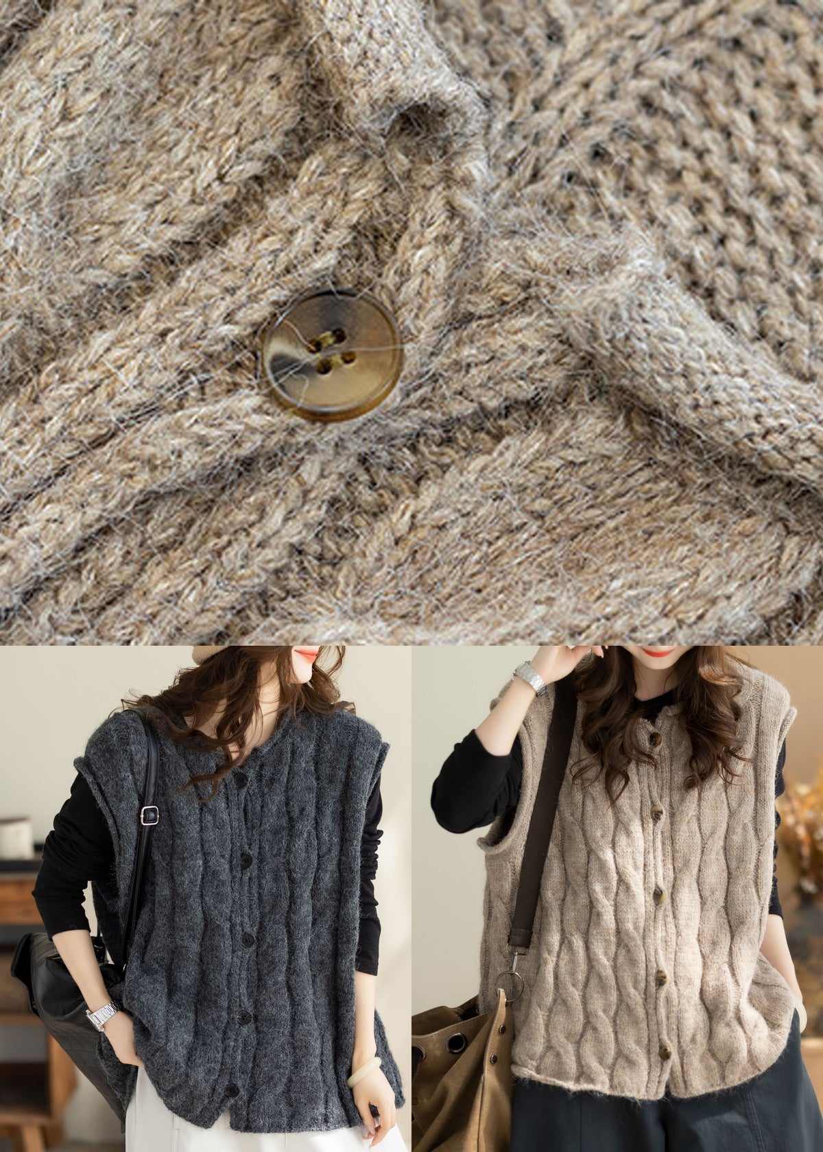 Dark Grey Button Warm Cable Cotton Knit Waistcoat Sleeveless