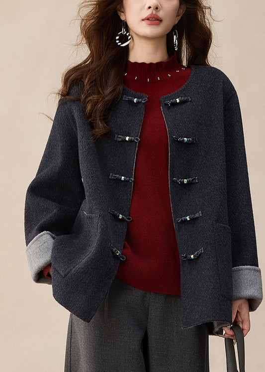 Dark Grey O-Neck Button Solid Woolen Coats Spring