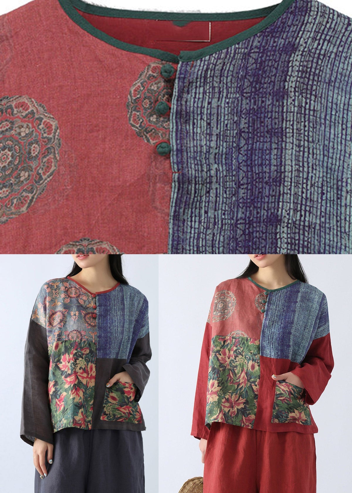 Dark Grey O-Neck Patchwork Tops Fall