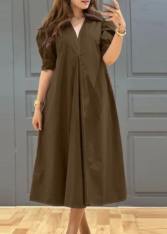 Dark Purple Cotton Pleated Dress Puff Sleeve V Neck Summer