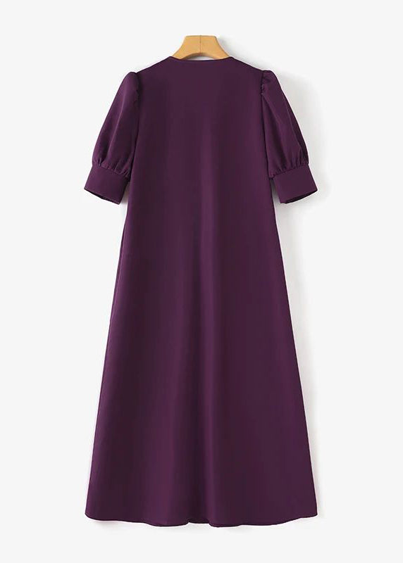 Dark Purple Cotton Pleated Dress Puff Sleeve V Neck Summer
