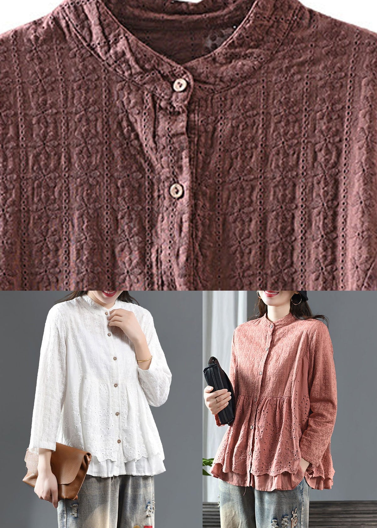Dark Red Embroidered Floral Button Shirts Long Sleeve