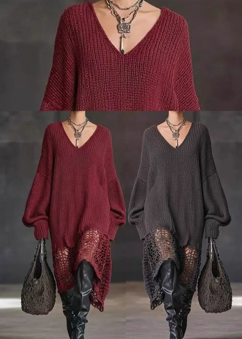 Dark Red Knit Sweater Dress V Neck Asymmetrical Hem Hollow Out Fall
