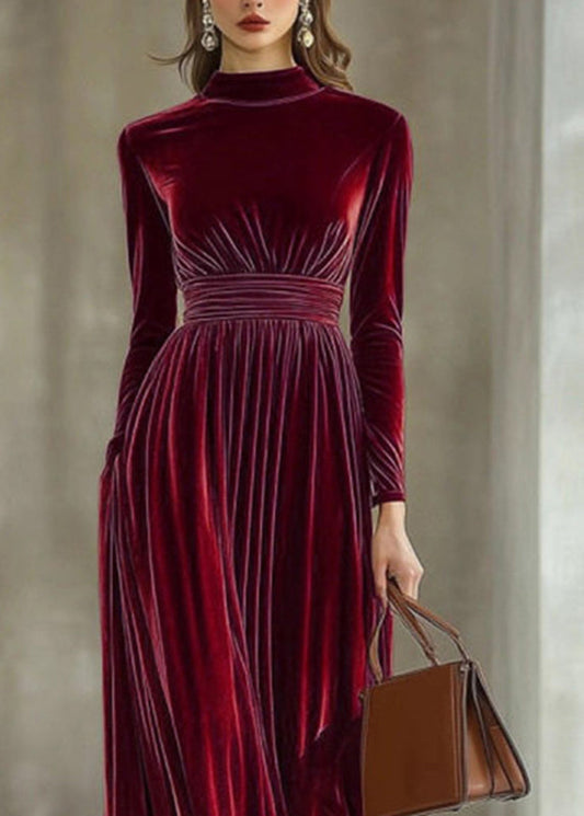 Dark Red Tunic Silk Velvet Maxi Dresses Long Sleeve