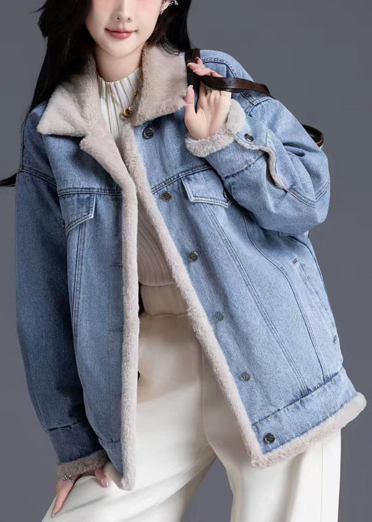 Denim Blue Warm Fleece Jacket Oversized Thick Winter