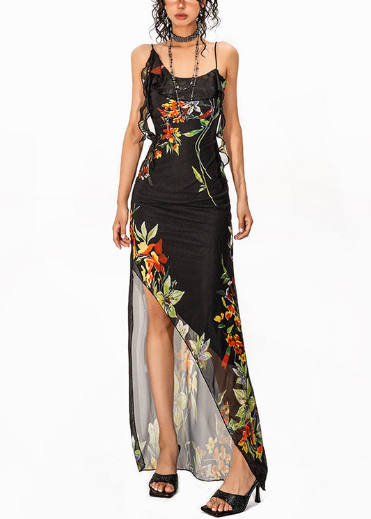 Dinner Black Print Side Open Tulle Long Spaghetti Strap Dress Sleeveless