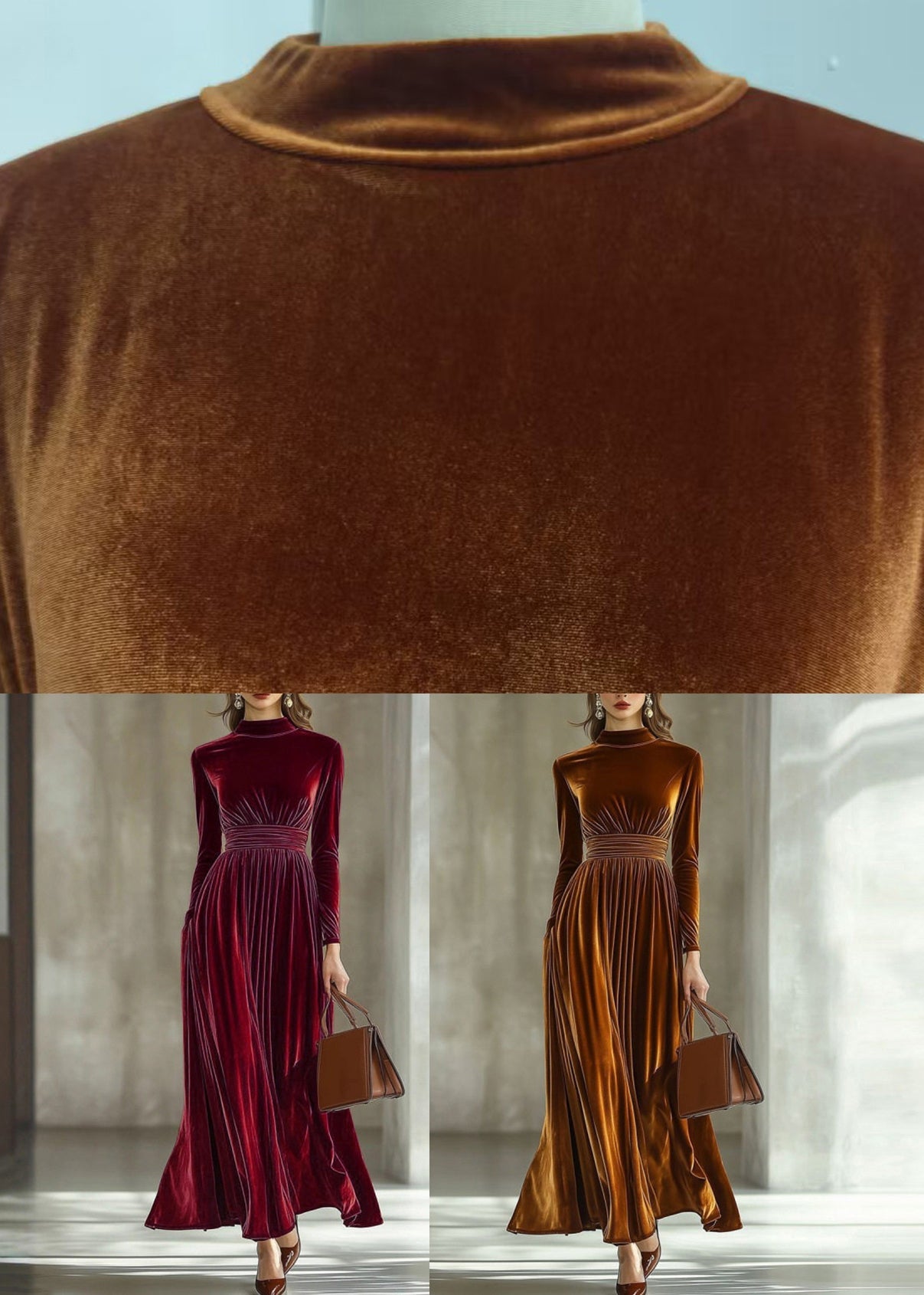 Dinner Caramel Stand Collar Patchwork Silk Velvet Long Dress Fall