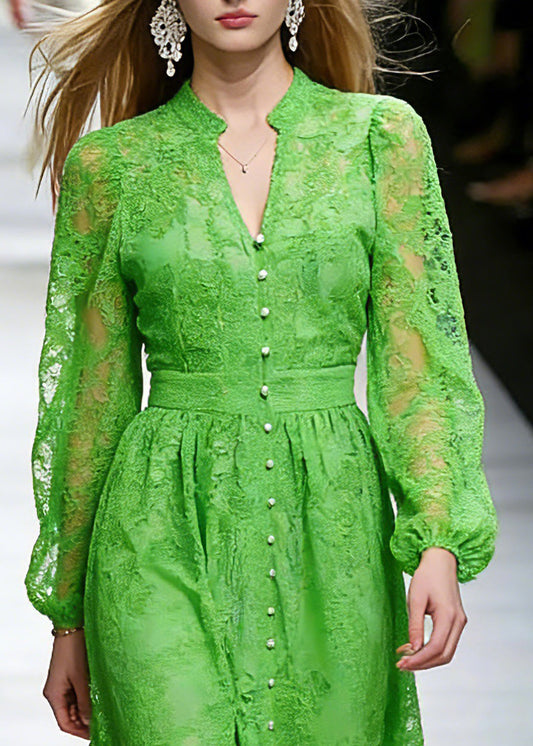 Dinner Green V Neck Lace Patchwork Tulle Mid Dress Spring