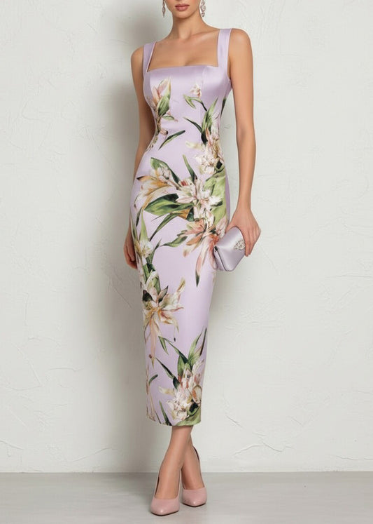 Dinner Pink Square Collar Print Long Dresses Summer
