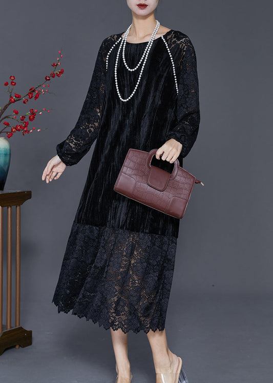 Diy Black Hollow Out Lace Patchwork Silk Velour Maxi Dresses Fall
