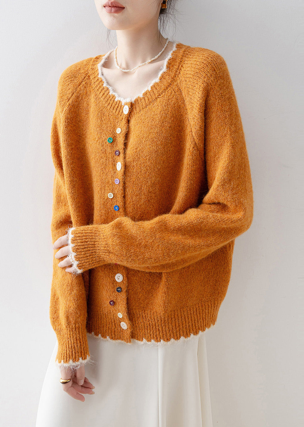 Diy Orange O-Neck Multicolour Buttons Knit Cardigans Winter