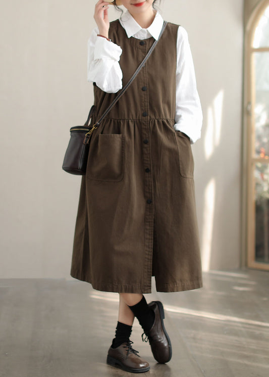 Dull Green Cotton Holiday Dress Oversized Pockets Fall