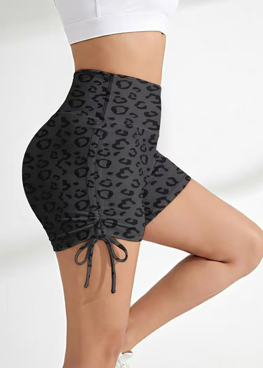 Dynamic Dark Gray Leopard Print High Waist Butt Scrunch Drawstring Running Shorts