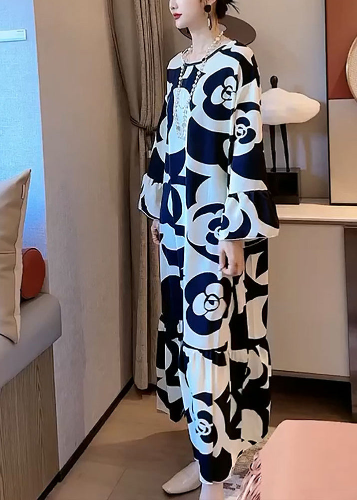 Elegant And Lazy Style Black And White Contrast Large Flower Floral Pattern Satin Texture Dress Flare Sleeve