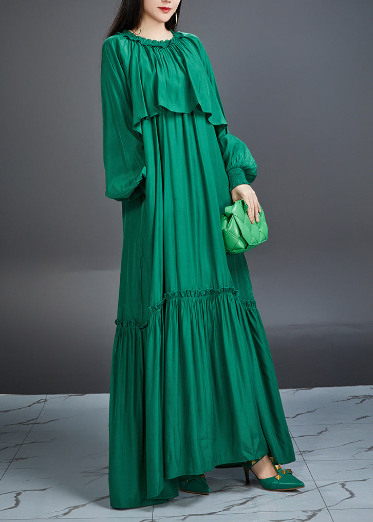 Elegant And Noble Emerald Ruffled Maxi Dress Lantern Sleeve