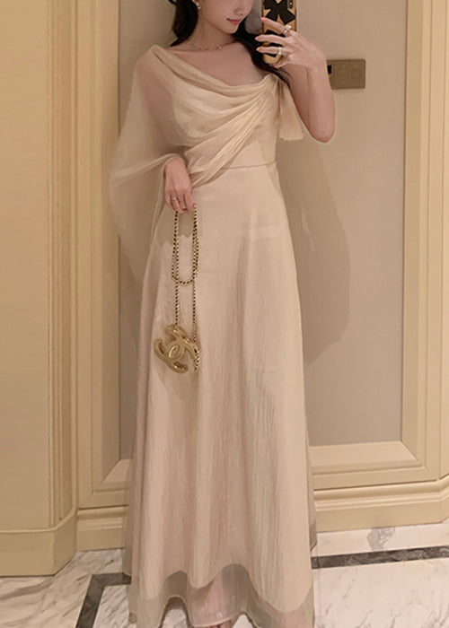 Elegant Apricot Asymmetrical Solid Silk Maxi Dresses Summer