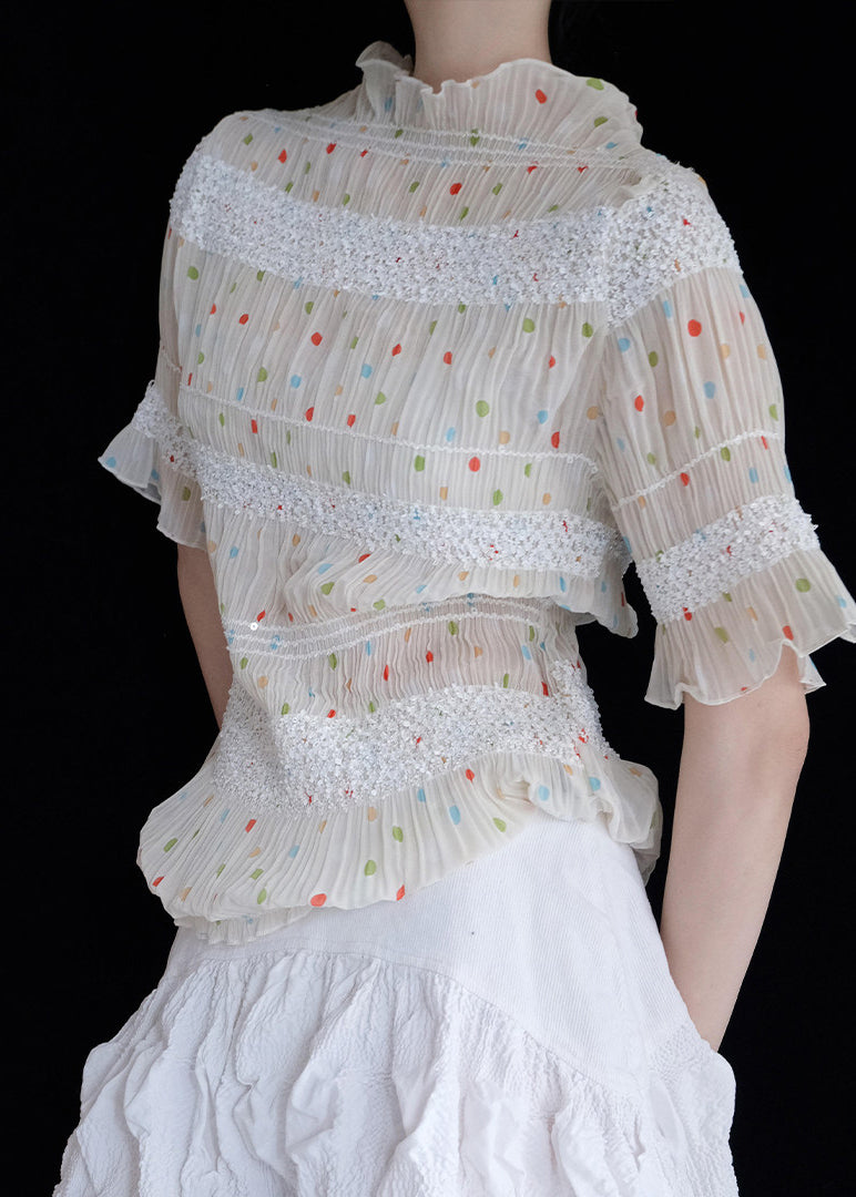 Elegant Apricot Dot Wrinkled Chiffon Tops Summer
