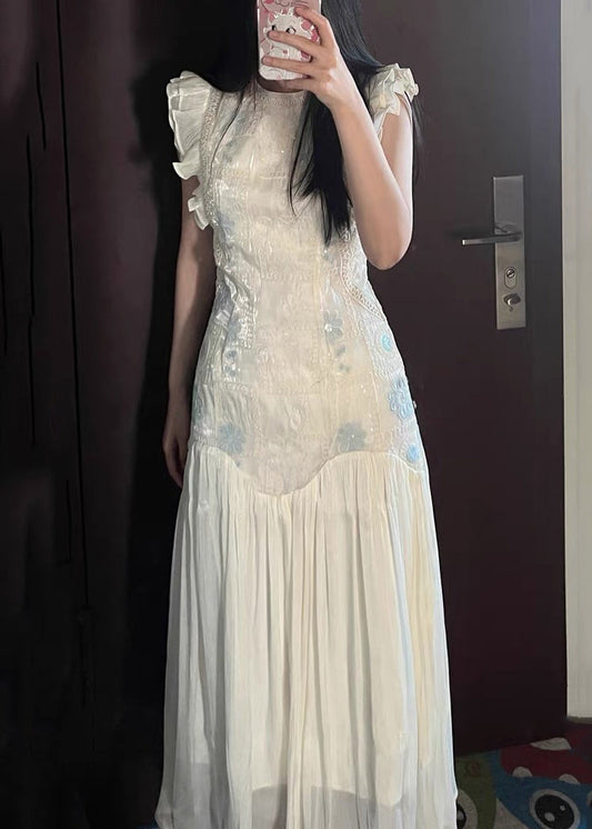 Elegant Apricot Embroidered Wrinkled Patchwork Long Dress Summer