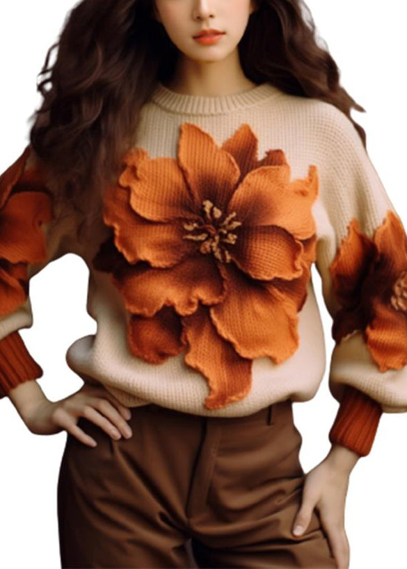 Elegant Apricot Floral Cozy Knit Sweaters Fall