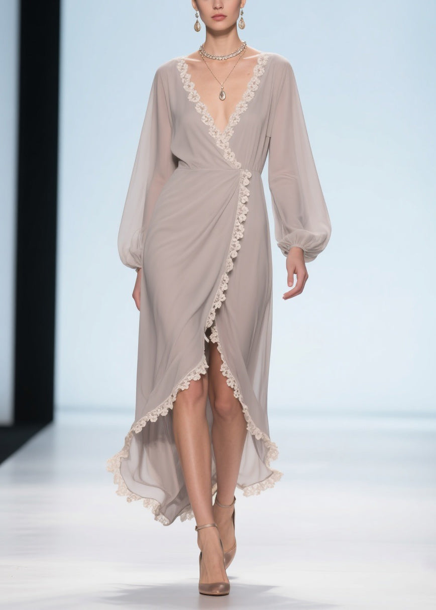 Elegant Apricot Lace Low High Design Chiffon Maxi Dresses